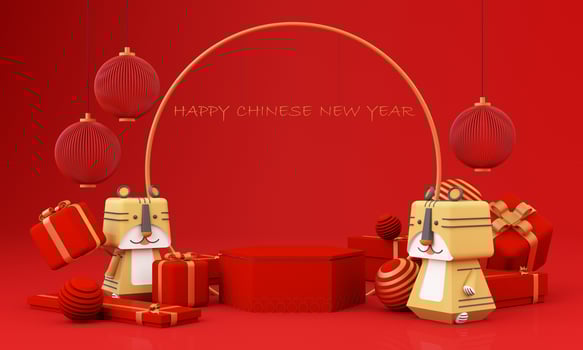 Chinese New Year style red and white podium product showcase with gold and gift, lantern, China pattern scene background. 2022 tiger year Holiday traditional festival concept. 3D rendering photo