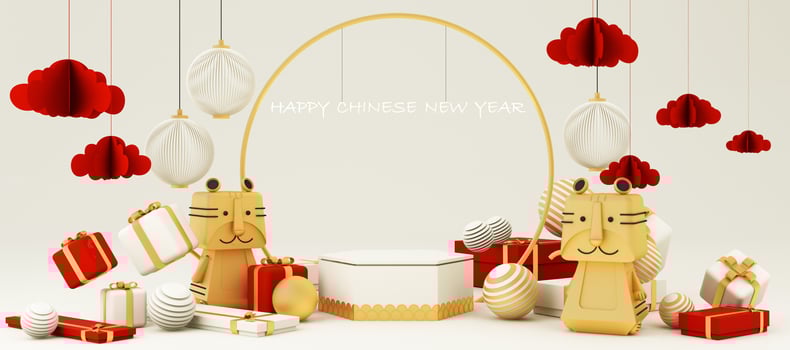 Chinese New Year style red and white podium product showcase with gold and gift, lantern, China pattern scene background. 2022 tiger year Holiday traditional festival concept. 3D rendering photo