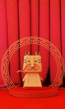Chinese New Year style red and white podium product showcase with gold and gift, lantern, China pattern scene background. 2022 tiger year Holiday traditional festival concept. 3D rendering photo