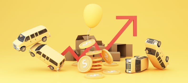 The concept of inflation is increasing. affecting international trade and transportation business in the yellow and red background and transport of the surrounding and cardboard 3d rendering photo
