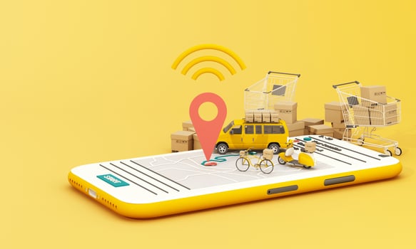 Fast delivery by scooter bike and van with mobile. E-commerce concept. Online food and shopping crate box order with route map. Webpage, app design. yellow and blue background. perspective 3d render photo