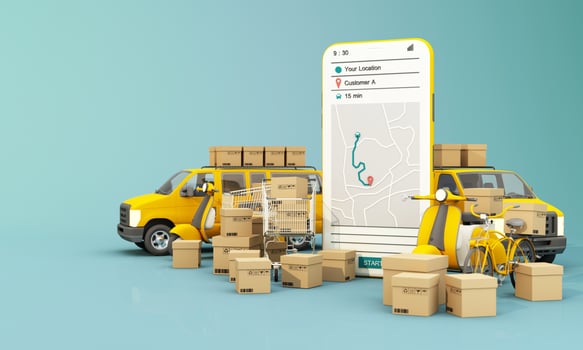 the Earth world map surrounded by cardboard boxes, a cargo container ship, a flying plane, a car, a van and a truck with gps location on blue background 3D rendering isometric view photo