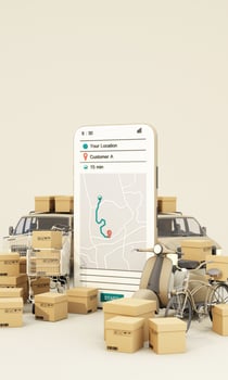 the Earth world map surrounded by cardboard boxes, a cargo container ship, a flying plane, a car, a van and a truck with gps location on blue background 3D rendering isometric view photo