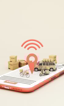 the Earth world map surrounded by cardboard boxes, a cargo container ship, a flying plane, a car, a van and a truck with gps location on blue background 3D rendering isometric view photo