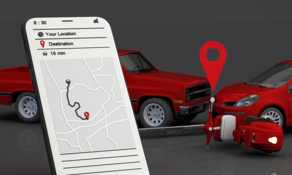 Car protection and safety assurance concept, modern red automobile sedan truck van under white text font and umbrella, isolated on red background, 3d illustration rendering isometric photo