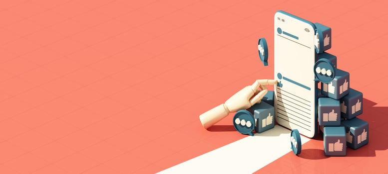 Digital Marketing, web analytics and marketing social media concept with play, chat message, love icon, magnifying glass and display bar and phone screen yellow background. 3d rendering illustration photo