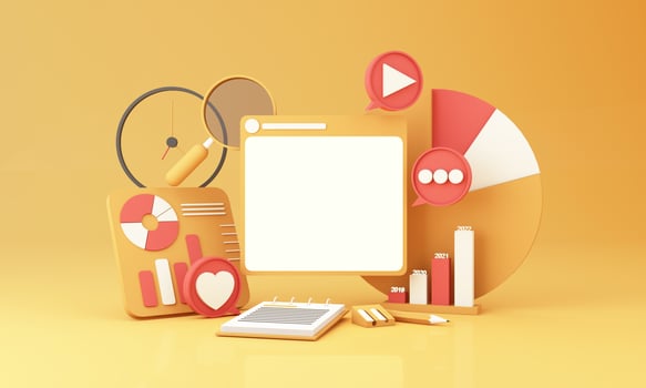 Digital Marketing, web analytics and marketing social media concept with play, chat message, love icon, magnifying glass and display bar and phone screen yellow background. 3d rendering illustration photo