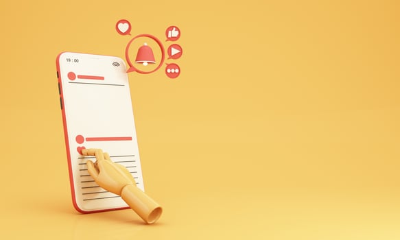 Digital Marketing, web analytics and marketing social media concept with play, chat message, love icon, magnifying glass and display bar and phone screen yellow background. 3d rendering illustration photo