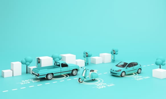Between the red trucks filling Fuel and electric blue sedan charging. expensive fuel crisis, energy conservation, eco green, concept isolated on red and blue background 3d rendering illustration photo