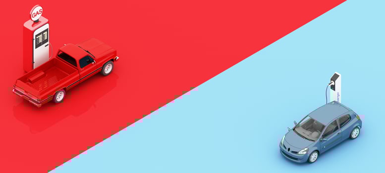 Between the red trucks filling Fuel and electric blue sedan charging. expensive fuel crisis, energy conservation, eco green, concept isolated on red and blue background 3d rendering illustration photo