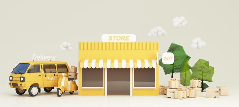 E-commerce concept, Delivery service from front store, Transportation delivery by Vans, truck and motorbike scooter and product packages, gift boxes, tree low polygon on yellow tone 3d rendering photo