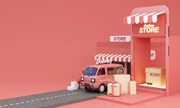 Marketplace online illustration, 3d style internet multi vendor store on laptop computer and phone screen with multi vendor stores Shop sign in orange tones and open 24 hours 3d rendering illustration photo