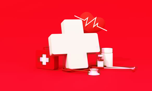 May 8th, World Red Cross symbol with globe on white background, and red paper people, low poly trees around the world, World Red Cross and red Crescent Day, insurance. realistic 3d render photo