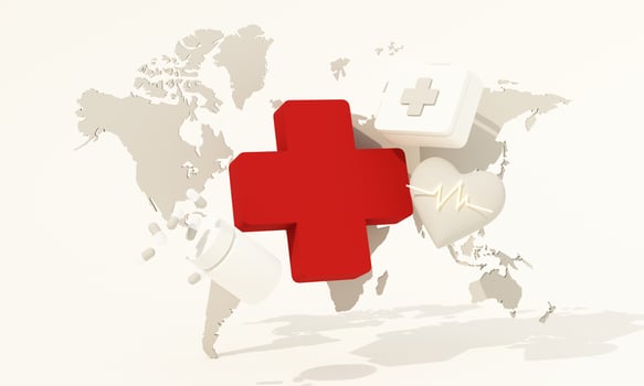 May 8th, World Red Cross symbol with globe on white background, and red paper people, low poly trees around the world, World Red Cross and red Crescent Day, insurance. realistic 3d render photo