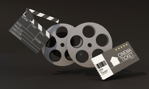 concept film producer This includes the director's chair, film reels, monitors, cinematographers, movie tickets and filmmaking equipment, and a discrete clapperboard on background. 3d render photo