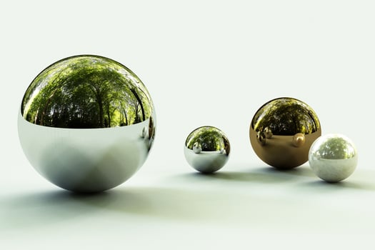 Geometric shapes with environment reflected on sphere. 3d rendering photo