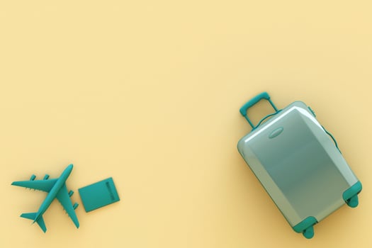 suitcase with traveler accessories on grey  background. travel concept. 3d rendering photo