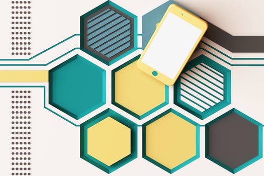 Smartphone with technology concept, Abstract composition of geometric shapes platforms in orange and pastel color. 3d rendering photo