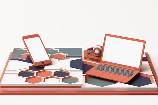 Laptop,smartphone and headphone with technology concept abstract composition of geometric shapes platforms in pastel color. 3d rendering photo