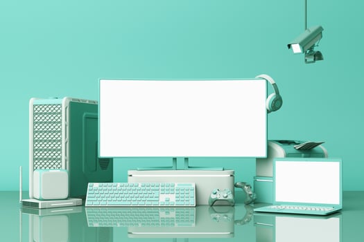 Computer and loptop white screen with many gadgets on teble in pastel tone. 3d rendering photo