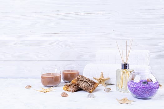 Bathroom accessories. Spa and beauty theatment products. Concept of natural spa cosmetics and organic threatment bodycare. photo