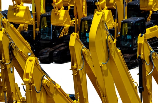 Yellow backhoe with hydraulic piston arm isolated on white. Heavy machine for excavation in construction site. Hydraulic machinery. Huge bulldozer. Heavy machine industry. Mechanical engineering. photo