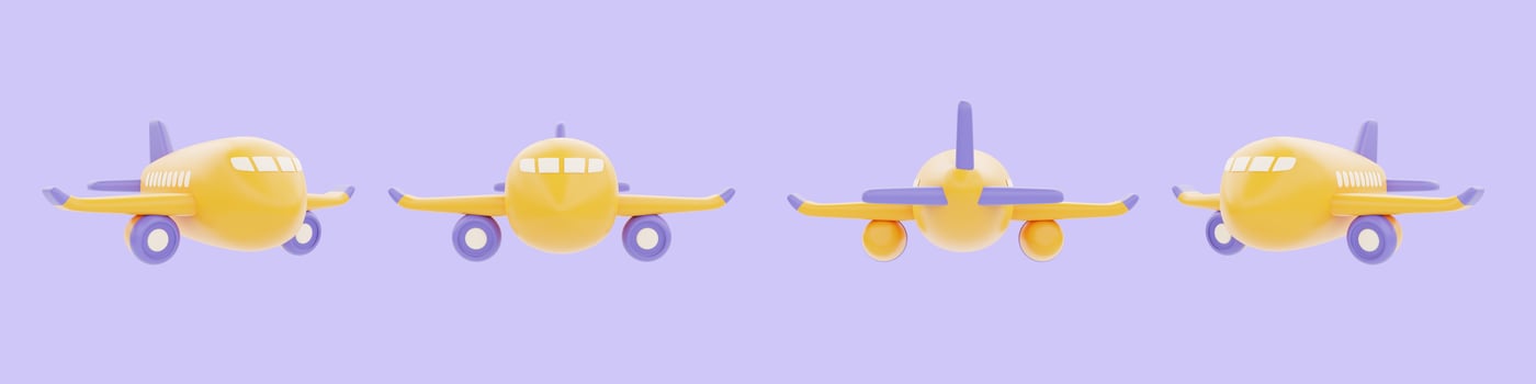 set of yellow airplane isolated on purple background, Tourism and travel, 3d rendering photo