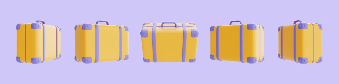 set of yellow suitcase isolated on purple background, Tourism and travel, 3d rendering photo