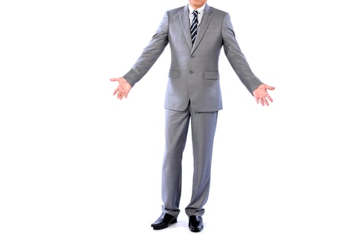 Businessman wearing an elegant suit over white background. Well-dressed senior man in the studio That emphasizes thoughtful thinking, thinking carefully. photo