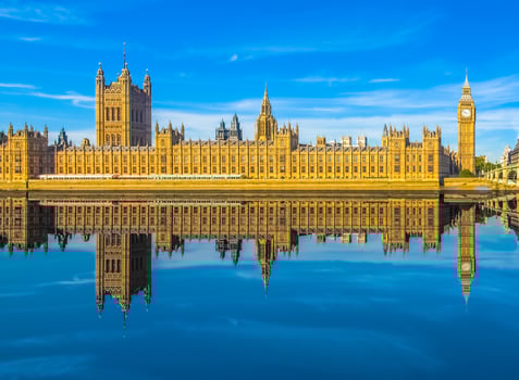HDR Houses of Parliament reflected in river Thames in London photo