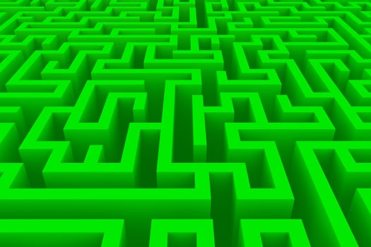 Abstract green complex labyrinth game 3d rendering. Isometric maze background visualization photo