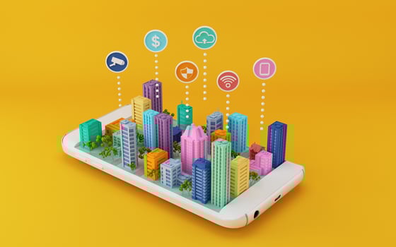 Smart city.City model on mobile phone with icon.3d rendering photo