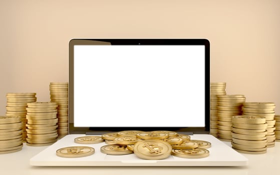 Laptop computer with money coins.Concept for internet marketing or online business.3d rendering photo