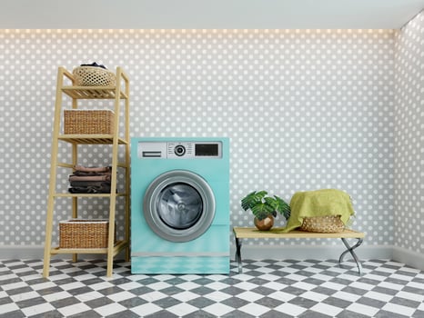 Washing machine and laundry with shelves.3d rendering photo