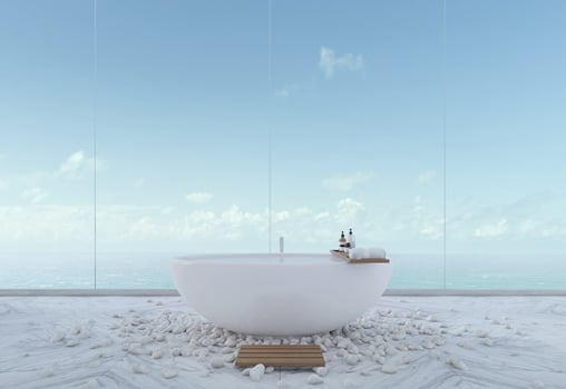 Luxury bathroom with sea view in hotel or home.Bathtub on marble floor with river rock. 3d rendering photo