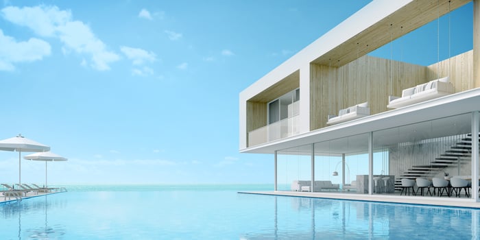 Modern beach house with sea view swimming pool and terrace at vacation.3d rendering photo