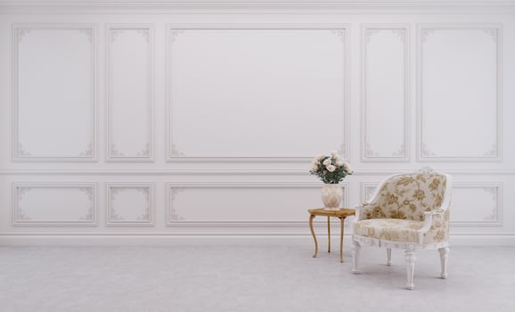 Classic style living room interior.Chair,white wall with moulding.3d rendering photo
