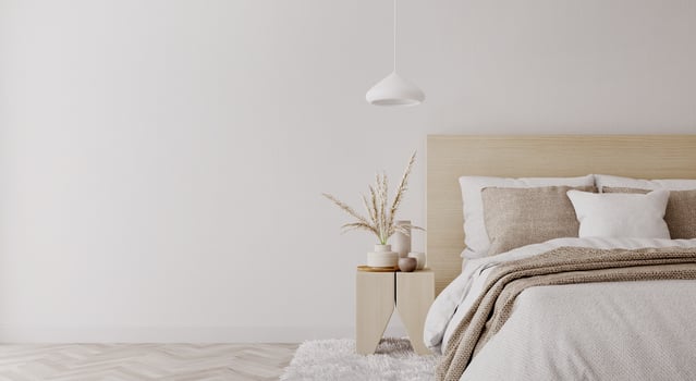 White bedroom interior.Earth tones design.3d rendering photo