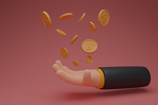 falling gold coins in a Hand of businessman ,cryptocurrency transfer,Money rain,Cryptocurrency in hand,Saving money,Golden coins with dollar sign., income, savings, investment.isolated background. 3d photo