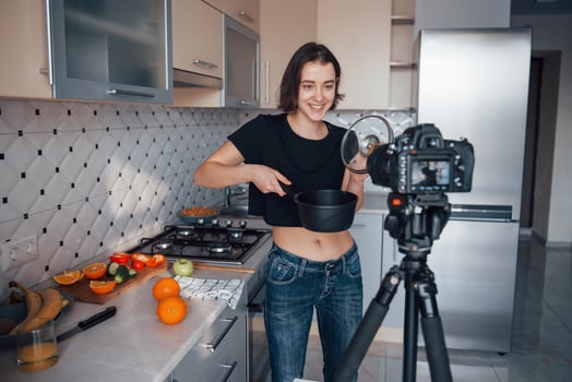 What I've cooked today. Girl in the modern kitchen at home at her weekend time in the morning photo