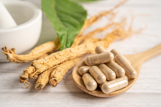 Ginseng, dried vegetable herb. Healthy food famous export food in Korea country. photo