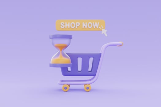 Online shopping with shopping cart and hourglass, Marketing time and Flash Sale promotions on purple background, 3d rendering. photo