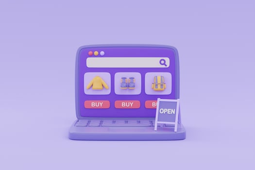 Online shopping store on laptop with OPEN sign on purple background, digital marketing promotion, 3d rendering. photo