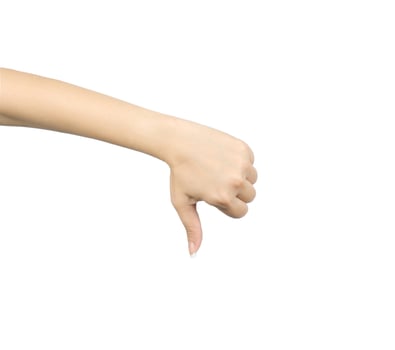 Asian woman hand with thumb down hand sign isolated on white background photo