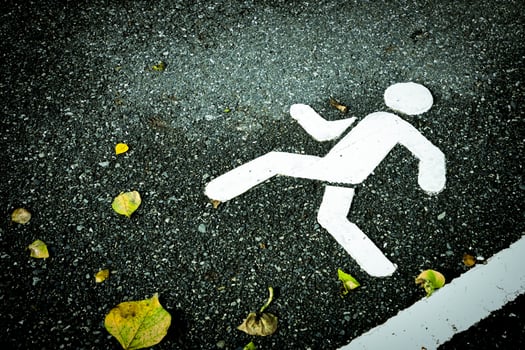 White painted sign on asphalt. Pedestrian lane and yellow dry leaves. Skip over obstacles. photo