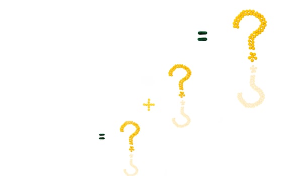 Three question mark and plus sign made of yellow sugar coated tablet pills. Equal sign made of capsule pills isolated on white background. photo