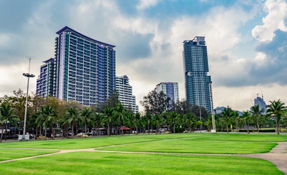 Green grass field, pedestrian road and coconut trees at the city park beside the sea. Modern building background photo
