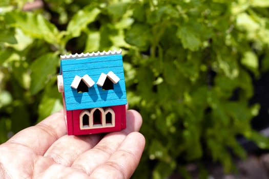 The house is in hand behind a blurred tree. photo