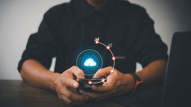Hand holding virtual cloud computing with world and technology item such as upload download. Cloud technology management big data include business strategy , customer. photo