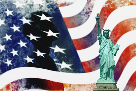statue of liberty on american flag background photo
